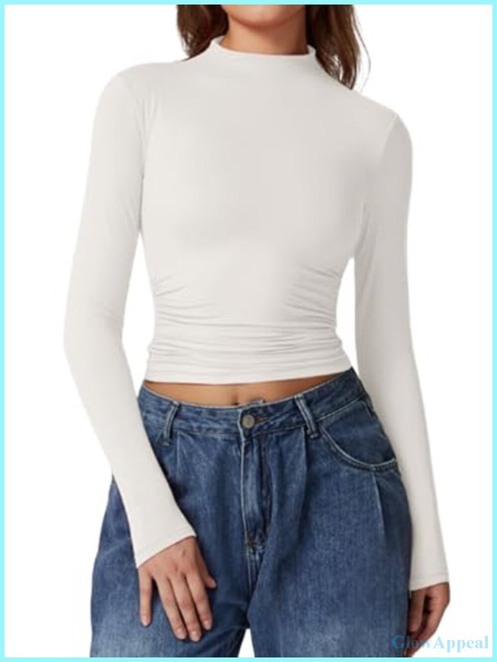 Mock Neck Long Sleeve Double Lined Ruched Basic Crop Top Tee